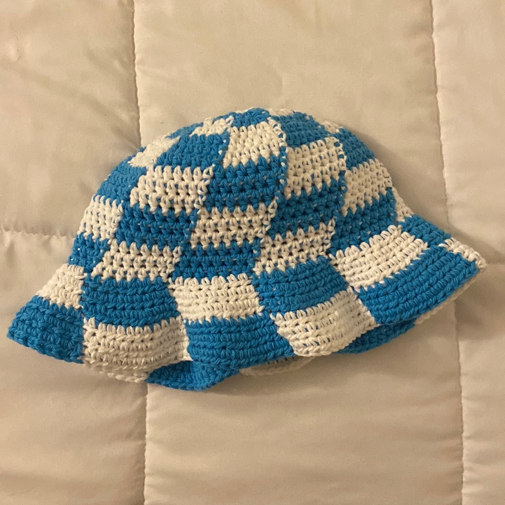 Handmade Crochet Checkered White & Blue Bucket Hat